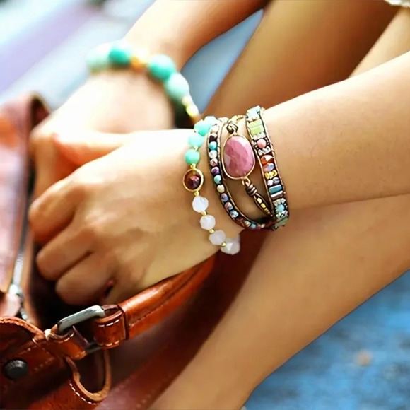 🆕️Elegant Triple Wrap Leather Bracelet Rhodonite Jasper Crystal Beads Jewelry - Picture 8 of 12